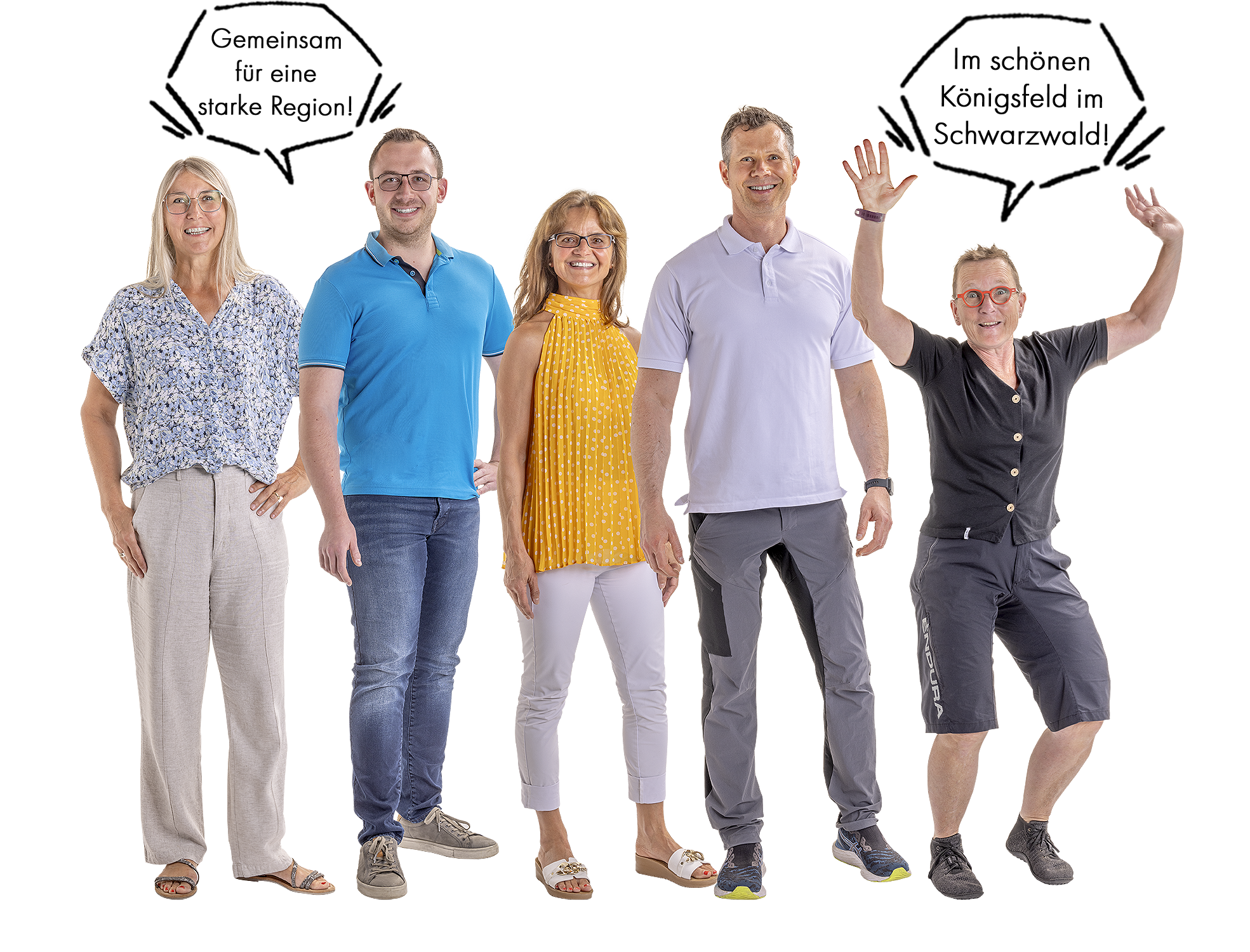 Ein Gruppenbild des HGV indem alle lacheln und Herr Schwarzwälder sagt durch eine Sprechblase: Gemeinsam für eine starke Region. Barbara sagt: Im schönen Königsfeld im Schwarzwald.