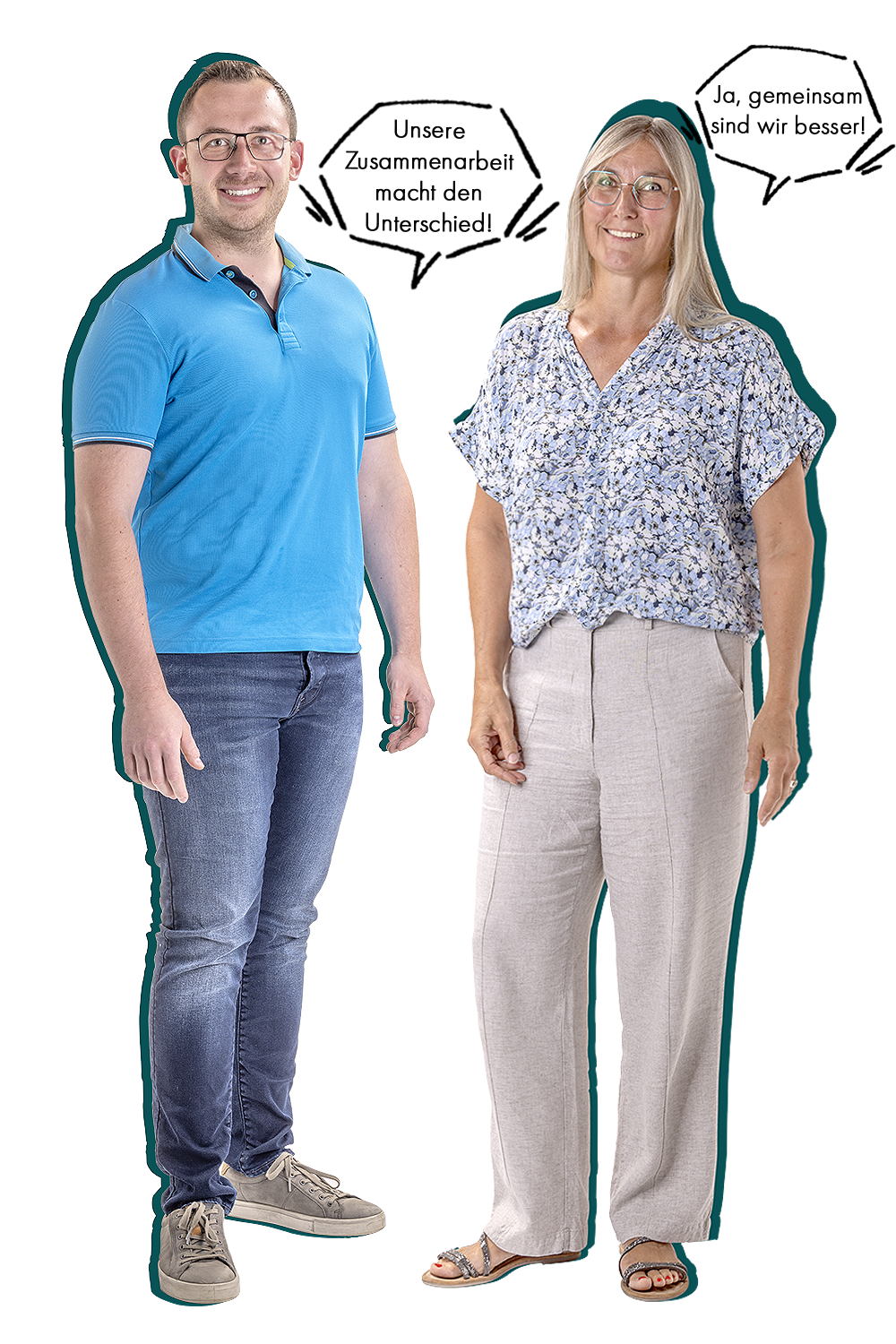 Herr Schwarzwälder steht da und neben ihm steht eine Sprechblase in der steht: Unsere Zusammenarbeit macht den Unterschied. Daneben steht frau Libuda und sagt: Ja, gemeinsam sind wir beseer.