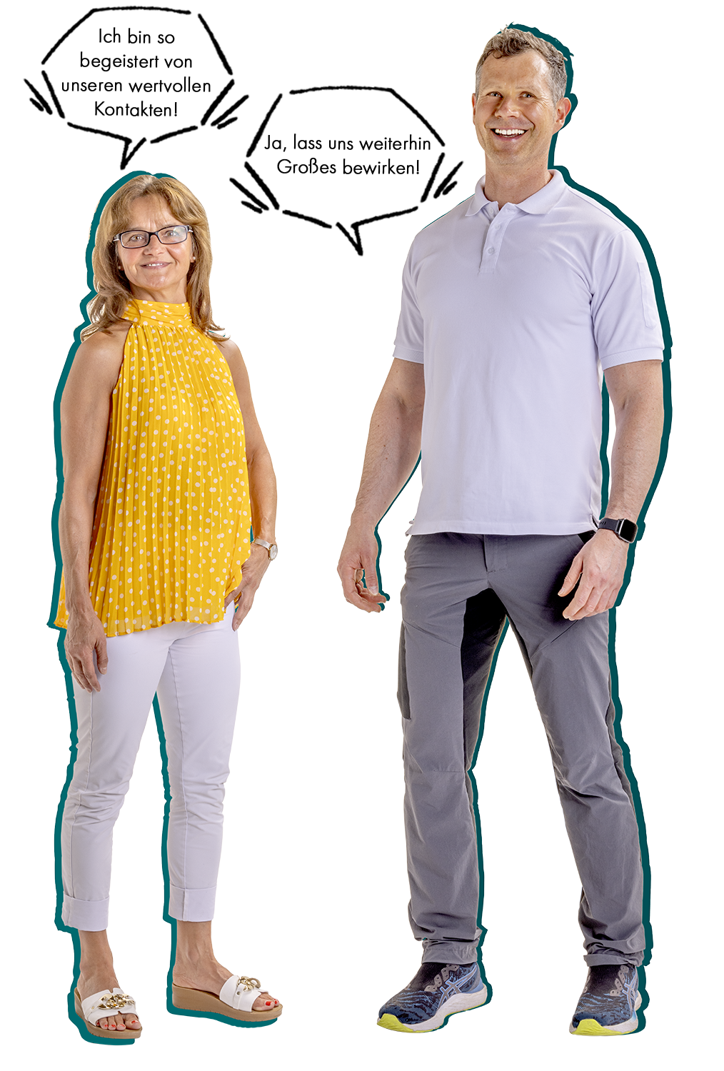 Claudia und Alex vom HGV stehen da und haben Sprechblasen über dem Kopf. Claudia sagt: Ich bin so begeistert von unseren wertvollen Kontakten. Alex: Ja, lass uns weiterhin Großes bewirken.